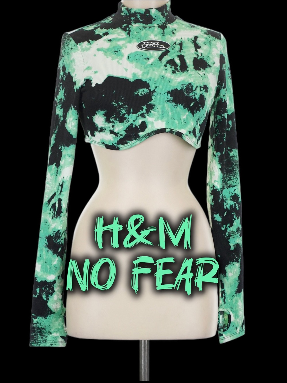 H&M Black and Green Tie-Dye NO FEAR Long-Sleeve Thumb Hole Crop Top - Medium